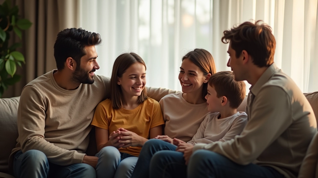 Family sitting together in living room, parents and teens having conversation, warm and supportive environment