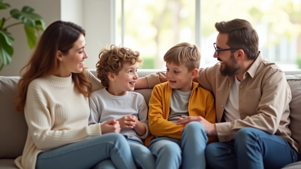 Family sitting together on couch having a conversation in a bright living room