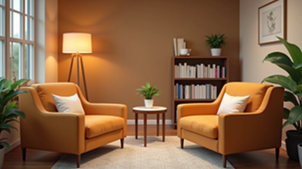 Counselor's office with comfortable seating, warm lighting, and welcoming atmosphere