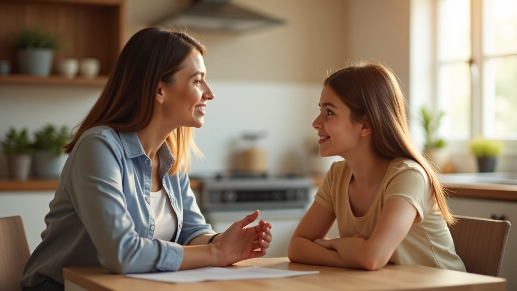 Parent and teenage child talking at kitchen table, eye contact, active listening, positive communication moment