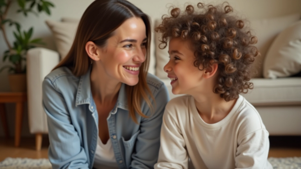 Parent and young child aged 6 sitting together on floor, fully clothed, engaged in calm conversation, warm indoor lighting
