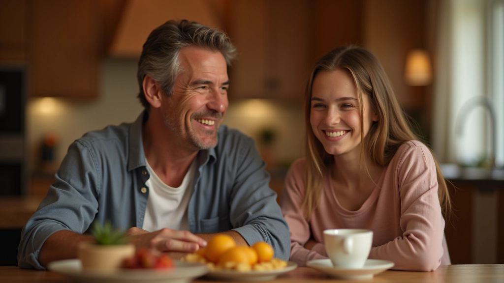 Parent and teenager laughing together during a meal at a dining table, genuine connection and warmth visible