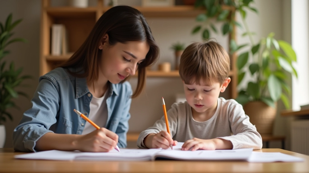 Parent helping child with homework at a table, showing positive discipline and guidance in action