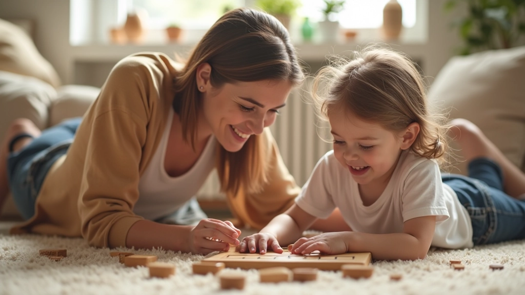 Parent and young child playing together on a wooden floor, both smiling and engaged in a board game activity