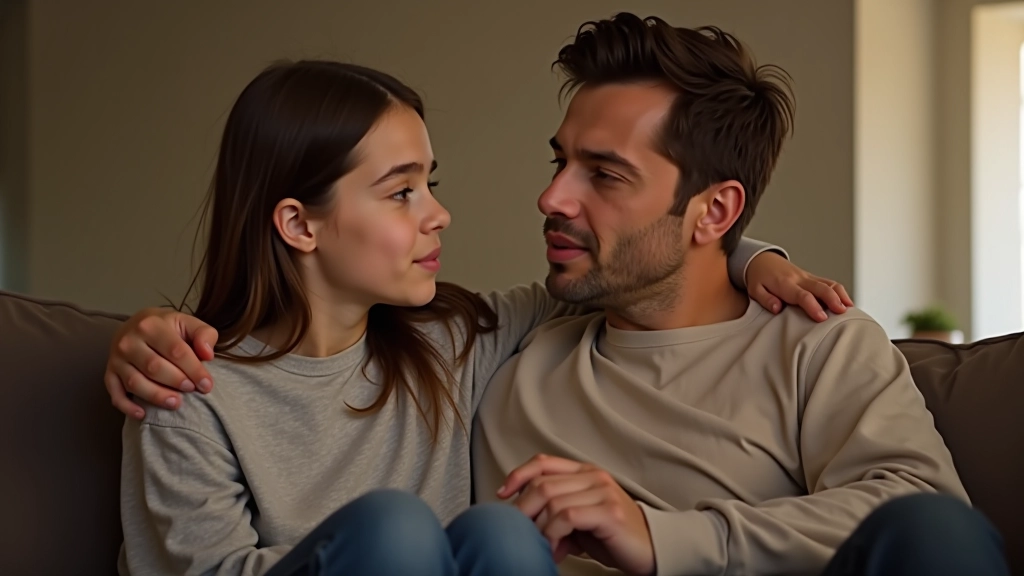 Parent and teenager sitting together in calm conversation, fully clothed, looking at each other with attentive expressions in a living room setting