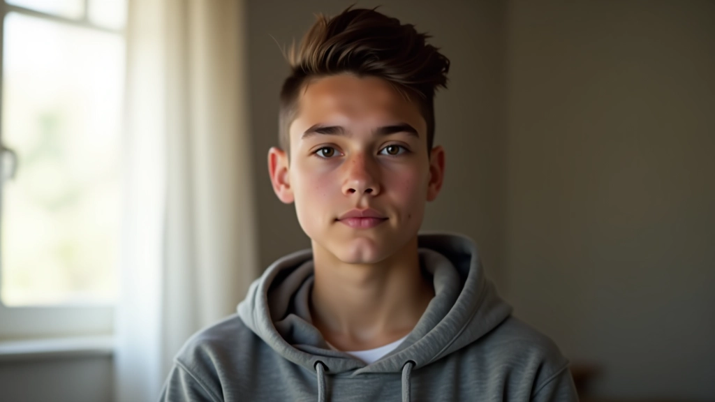 Close-up portrait of a thoughtful teenager aged 15, sitting in natural window lighting, looking engaged and calm